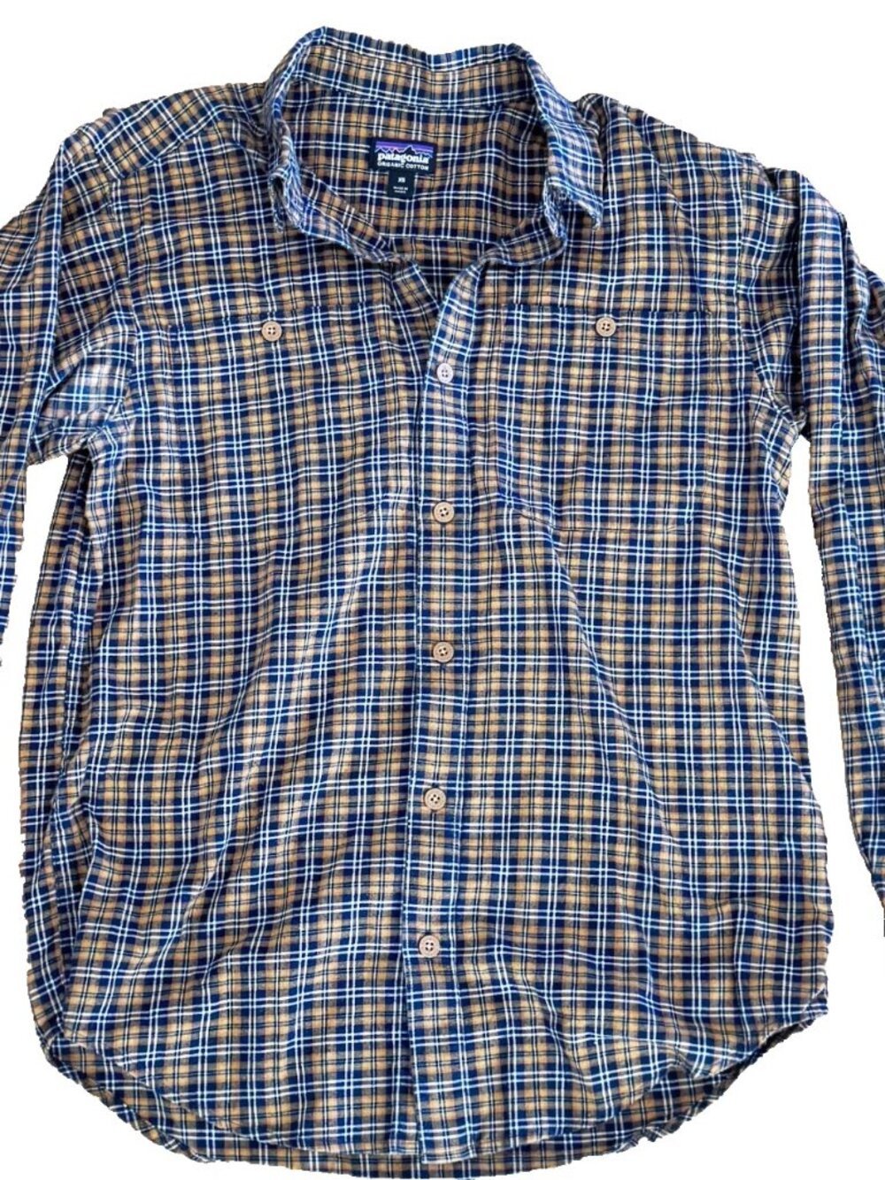 Patagonia Shirt Mens XS Blue Brown Plaid Flannel Long Sleeve Button Up Organic